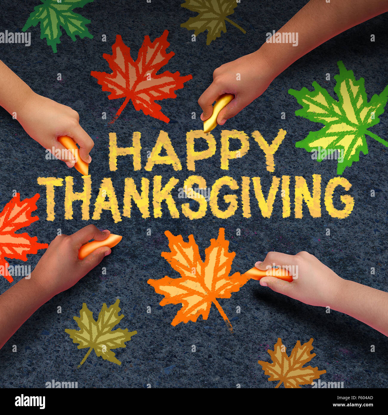 Happy Thanksgiving Day-Konzept als eine Gruppe von unterschiedlichen Menschen zeichnen mit Kreide auf Asphaltstücke das Wort für die traditionelle Familie zusammenkommen während der Herbstsaison und Gemeinschaft Herbst Feier... Stockfoto