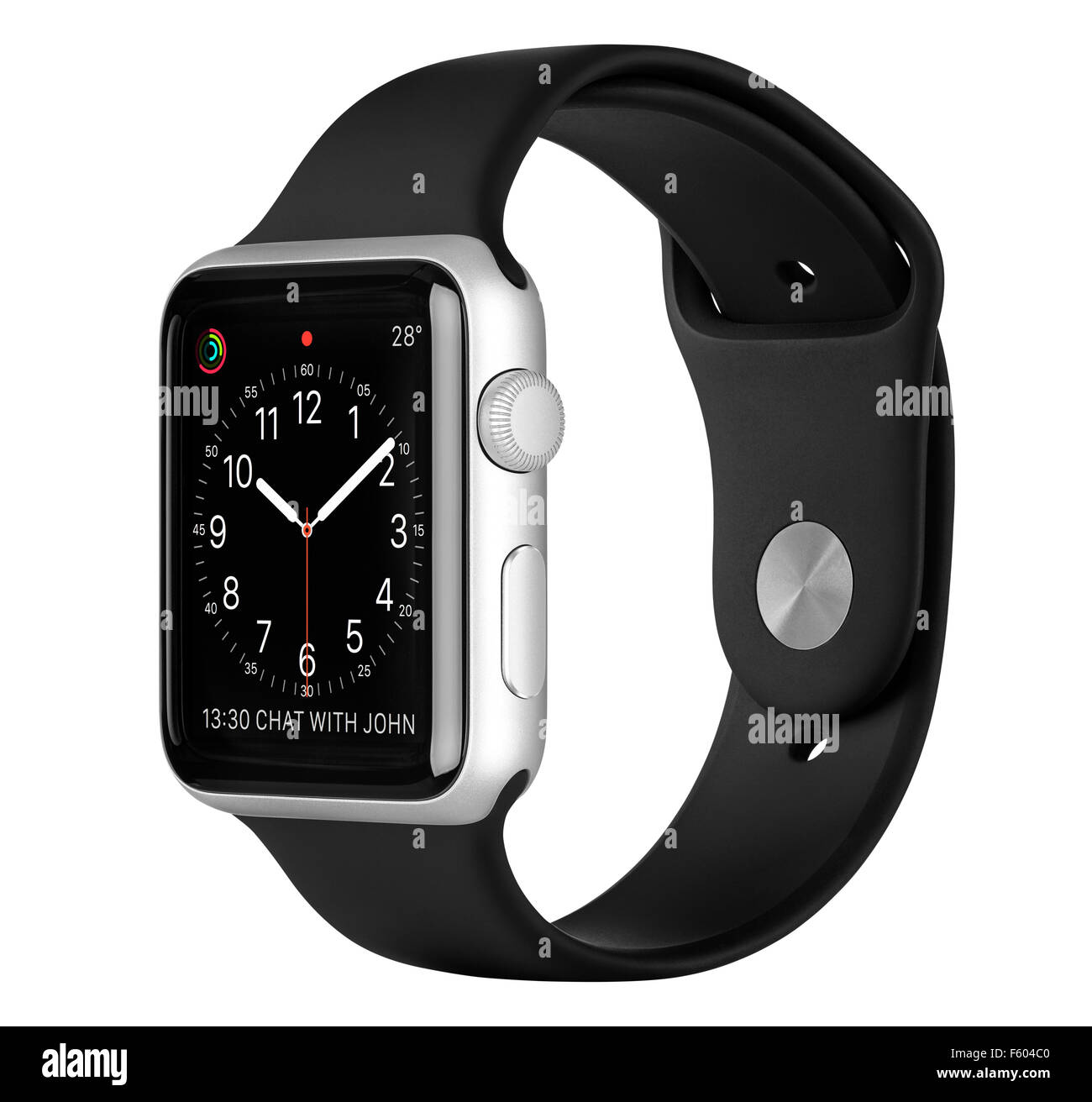 Varna, Bulgarien - 16. Oktober 2015: Apple Watch Sport 42 mm Silber Aluminium-Gehäuse mit schwarzen Band mit Uhr Gesicht auf dem Display. Stockfoto