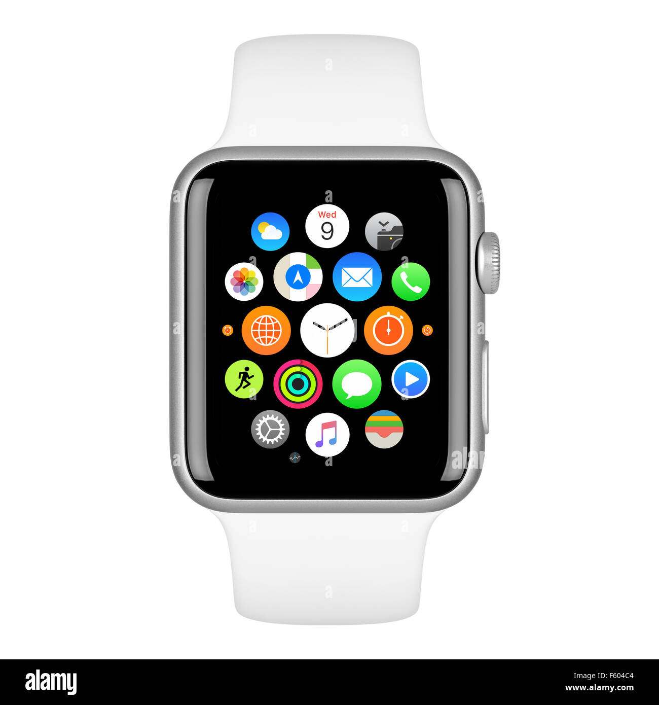 Varna, Bulgarien - 15. Oktober 2015: Apple Watch Sport 42 mm Silber Aluminium-Gehäuse mit weißen Band mit Homescreen auf dem Display. Stockfoto