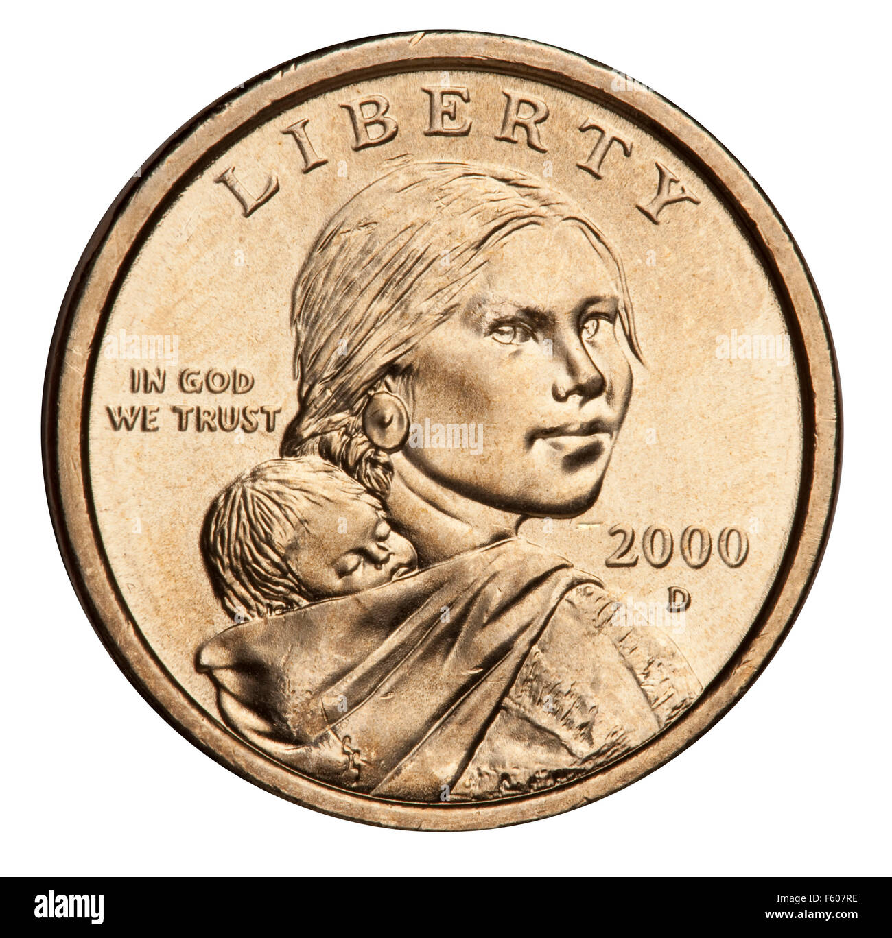 Sacagawea Dollar Münze 2000-2008: Glenna Goodacre Porträt von Sacagawea mit ihrem Sohn Jean Baptiste Charbonneau Stockfoto