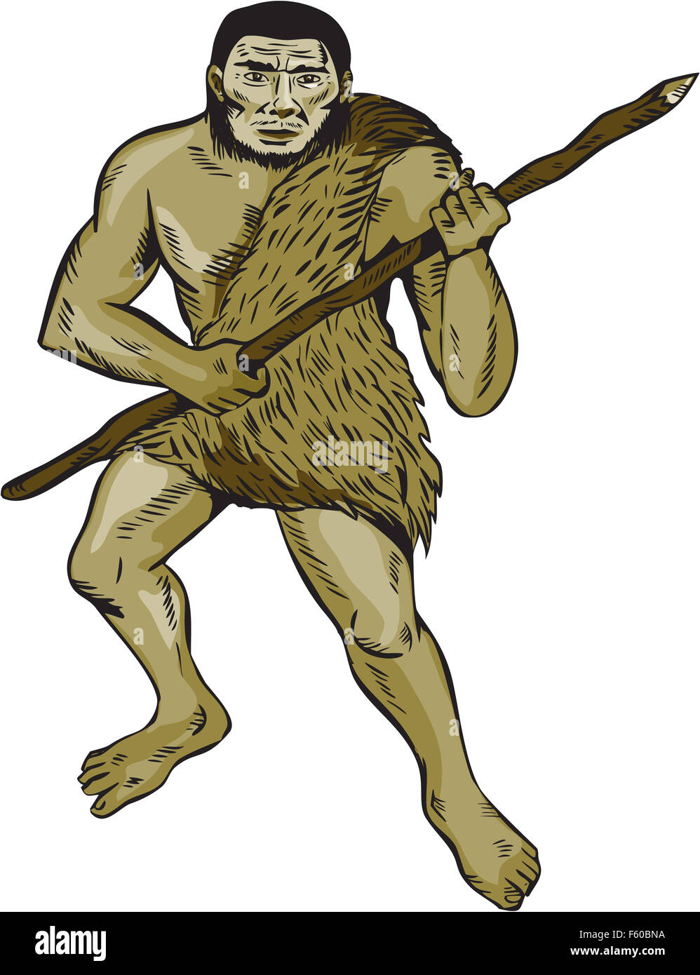 Radierung Gravur handgemachten Stil Abbildung von einem Neandertaler hält Speer nach vorne auf isolierten weißen Hintergrund. Stockfoto