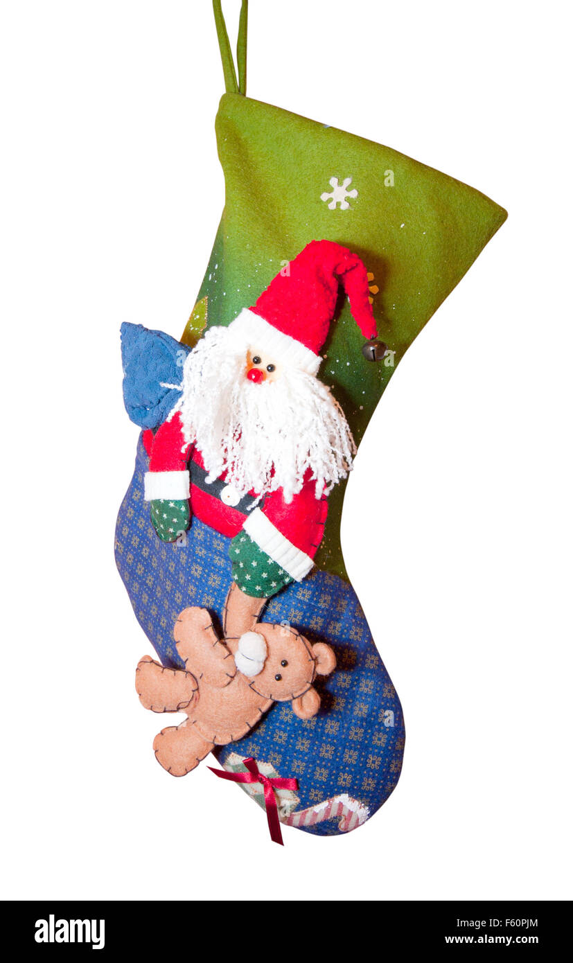 Weihnachts-Strumpf mit Santa Claus isoliert auf weiss Stockfoto