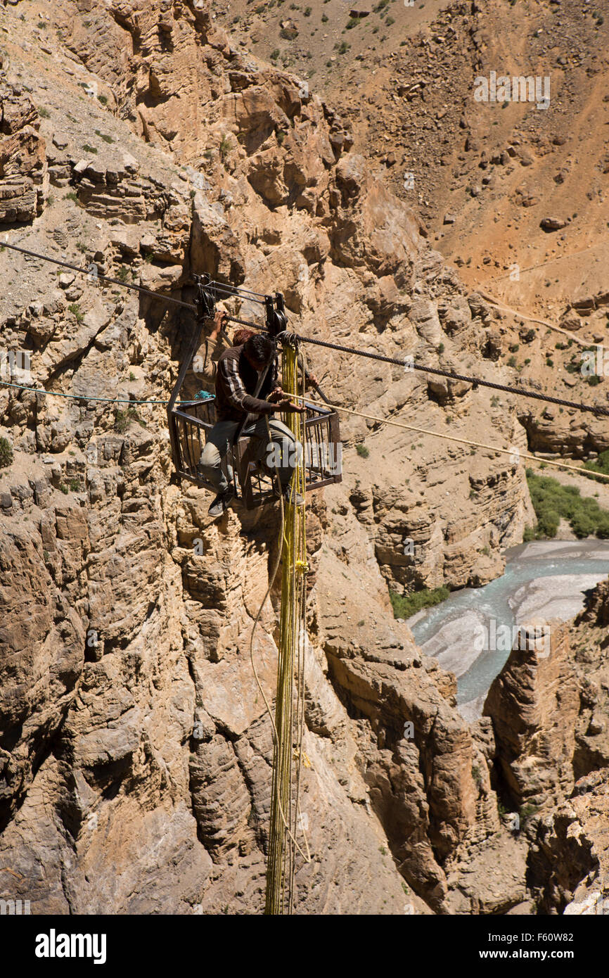 Indien, Himachal Pradesh, Spiti, Transport, 2 Männer in Suspension Seilbahn Korb über tiefe Schlucht zwischen Chichim Dorf und Kibber Stockfoto