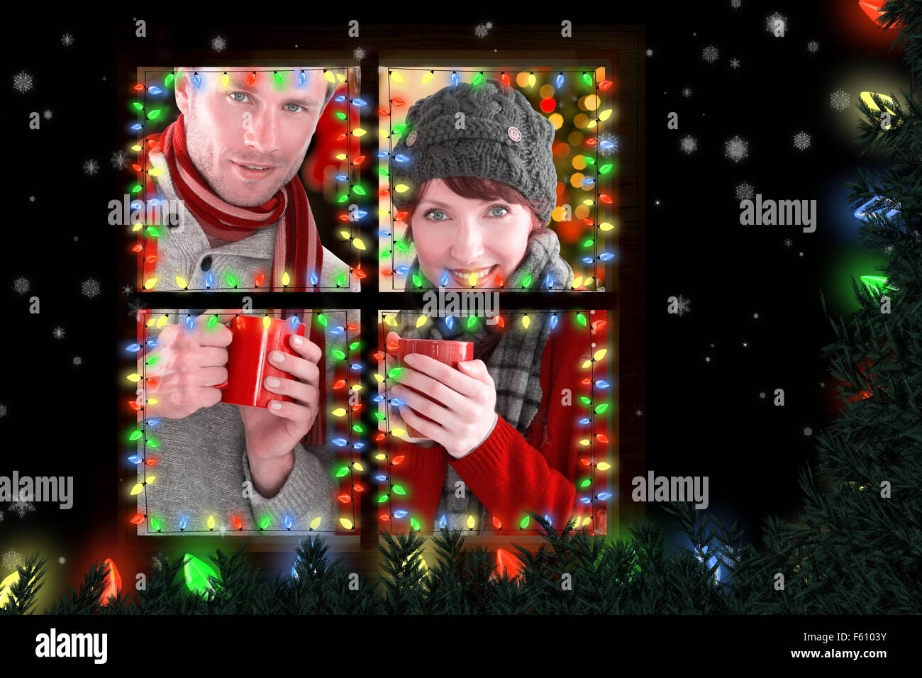 Zusammengesetztes Bild des Paares beide haben warme Getränke Stockfoto