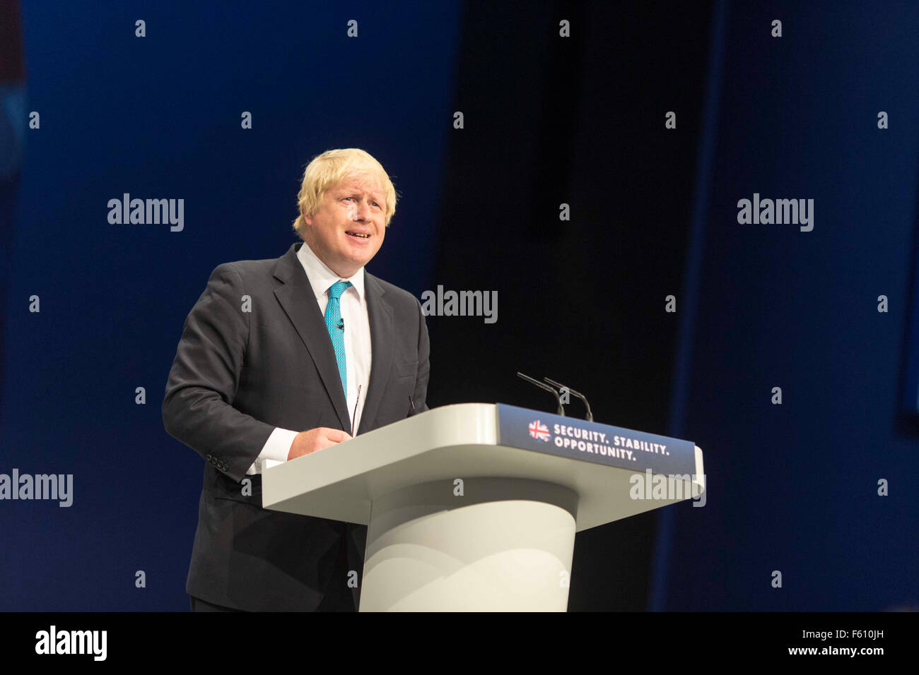 Bürgermeister von London Boris Johnson auf der Bühne mit seiner Rede beim Parteitag der konservativen, Manchester, Oktober 2015 Stockfoto