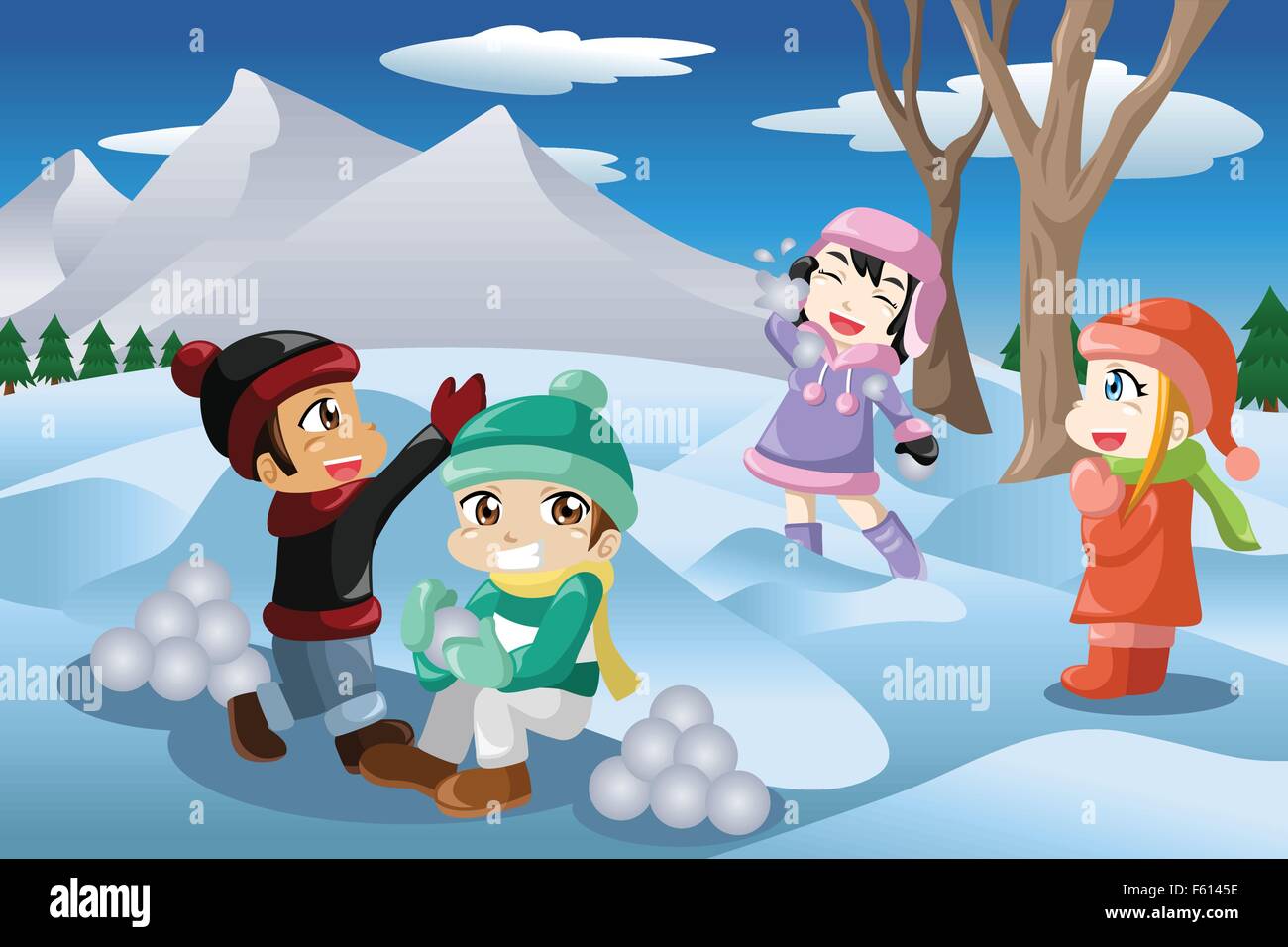 Eine Vektor-Illustration der glücklichen Kinder im Freien spielen Schneebälle Stock Vektor