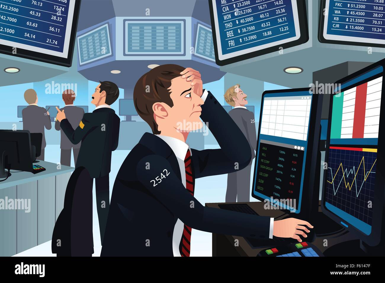 Eine Vektor-Illustration der Aktienhändler in Stress am Computer suchen Stock Vektor