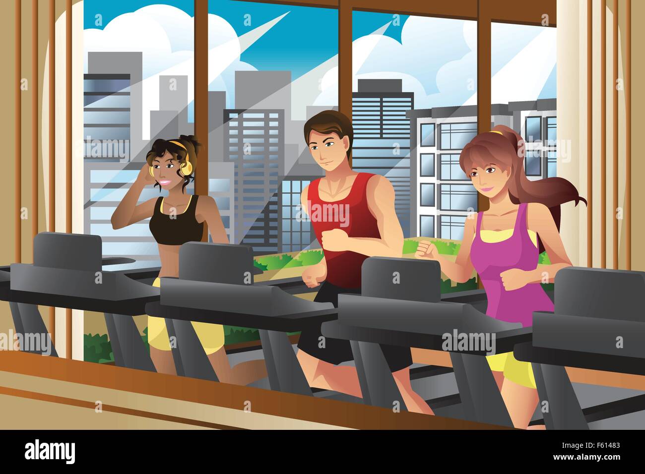 Eine Vektor-Illustration von Menschen laufen auf Laufbändern in ein Fitness-Studio Stock Vektor