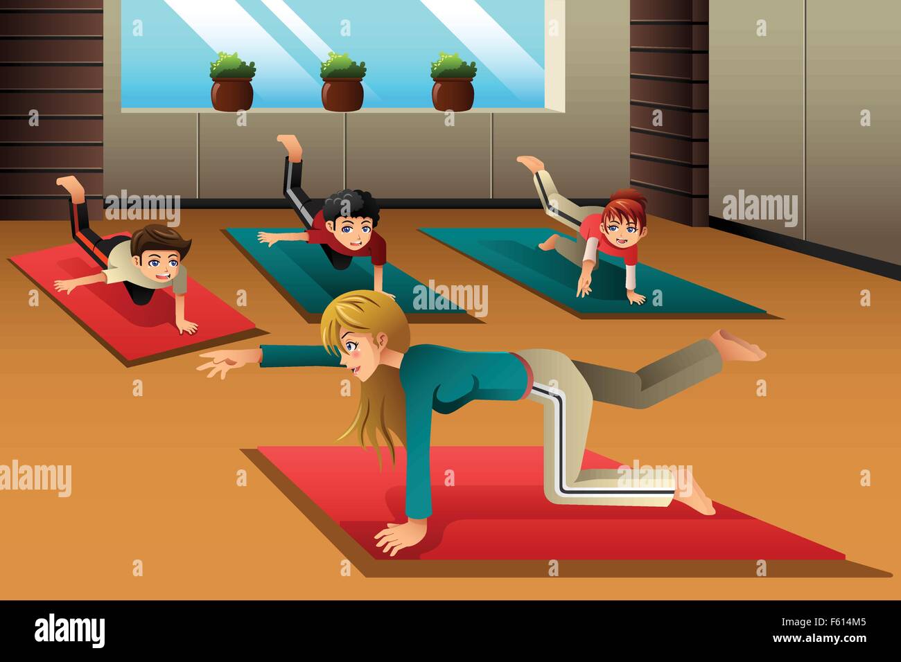 Eine Vektor-Illustration der glückliche Kinder in einem Yoga-Kurs Stock Vektor