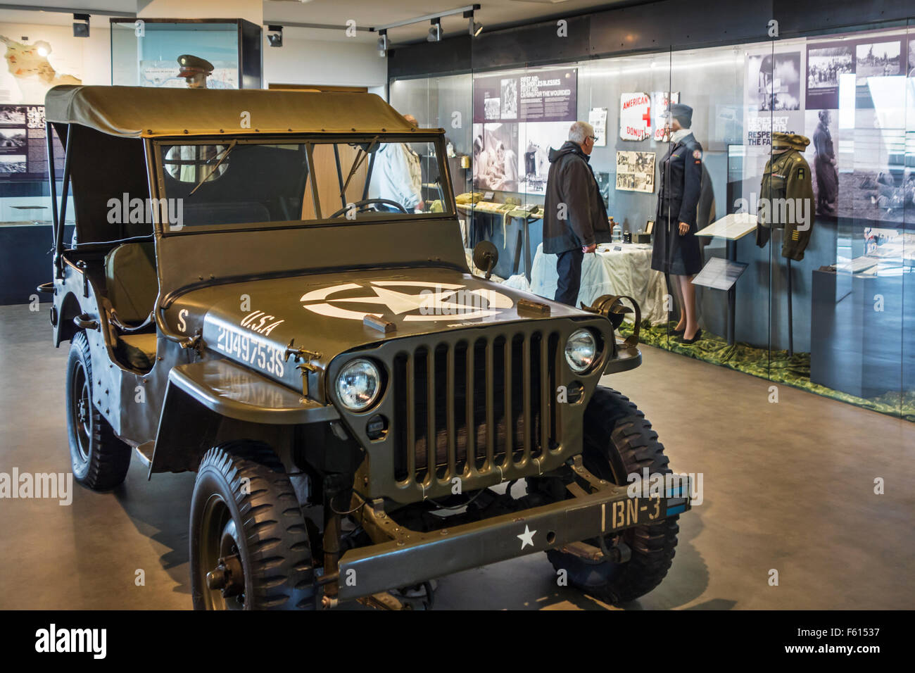 Willys Jeep in Utah Beach-Musée du Débarquement, WW2 Museum in Sainte-Marie-du-Mont, Normandie, Frankreich Stockfoto