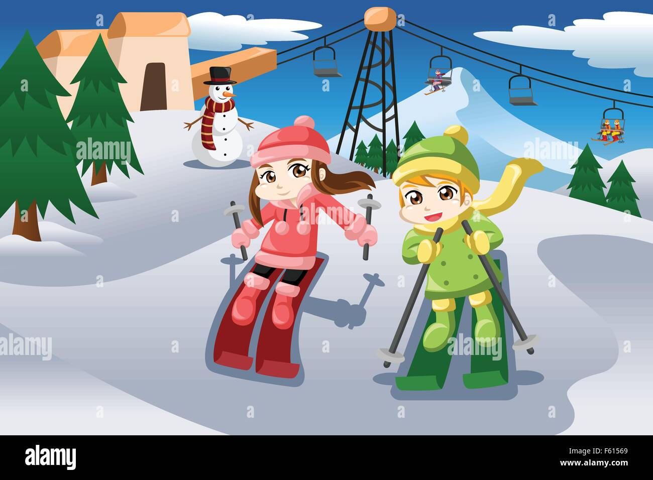 Eine Vektor-Illustration der glückliche Kinder zusammen Skifahren Stock Vektor