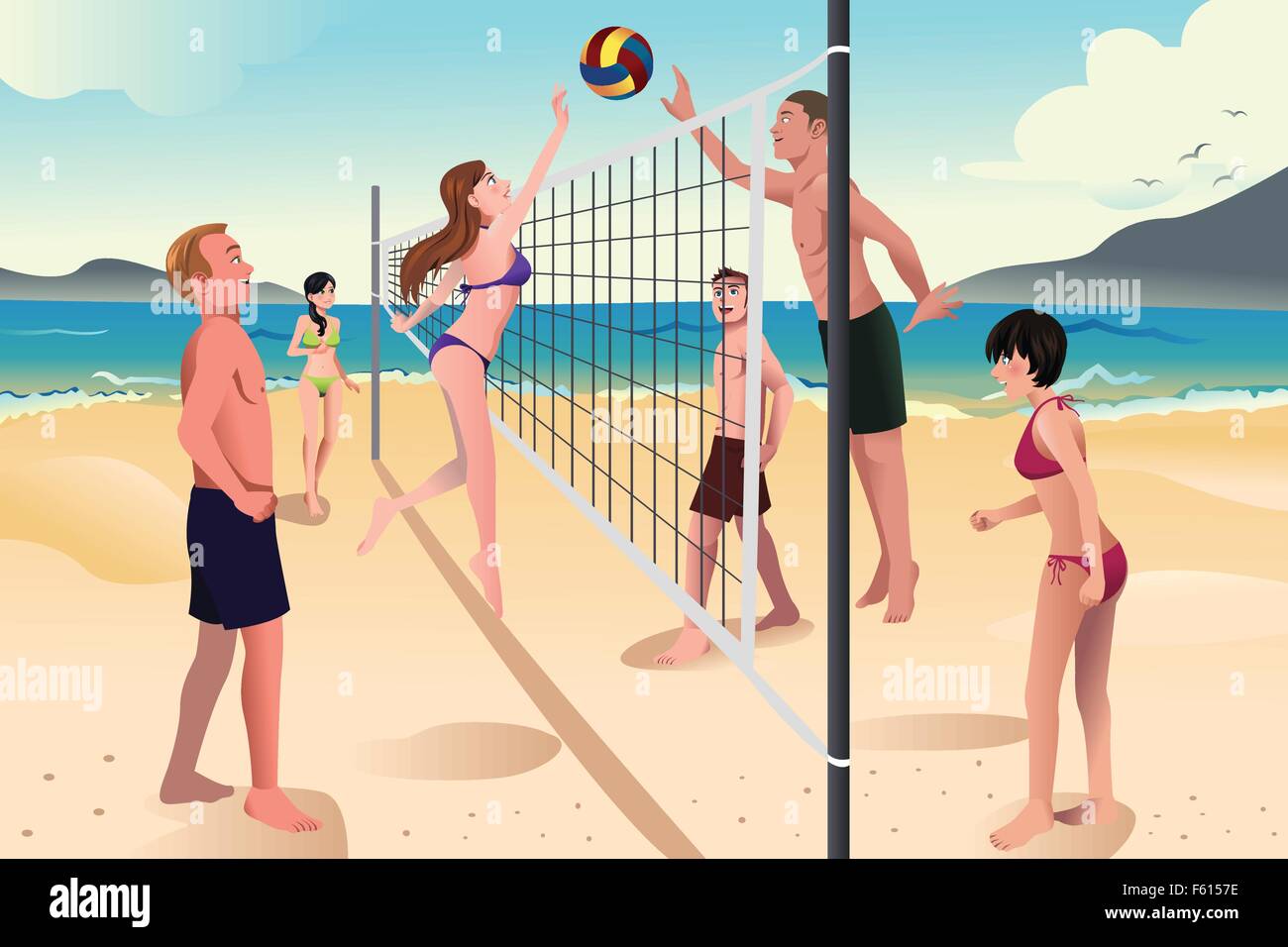 Eine Vektor-Illustration der glückliche junge Menschen spielen Beach-volleyball Stock Vektor