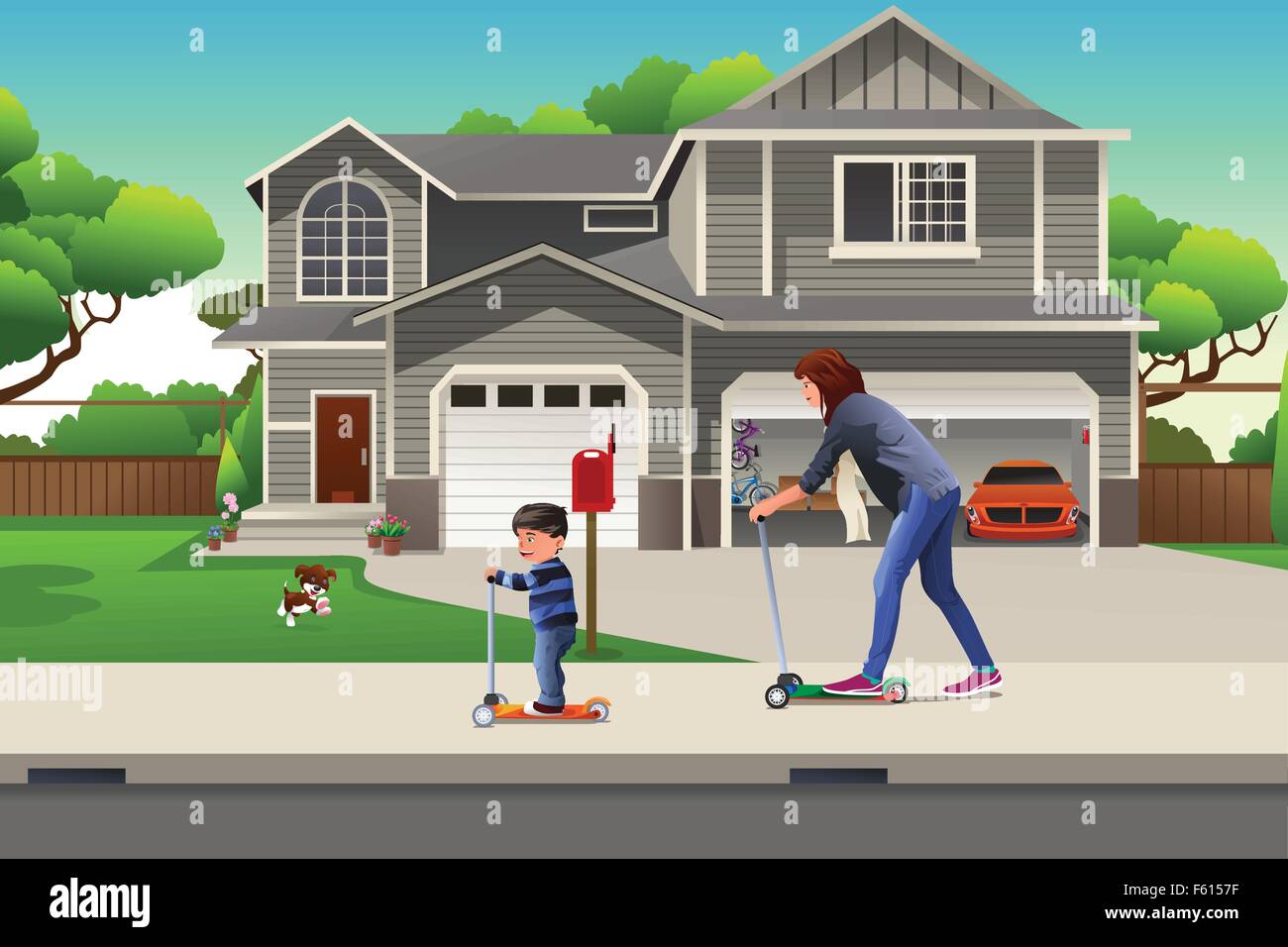 Eine Vektor-Illustration von Mutter und Sohn ein Motorroller zusammen in der Nachbarschaft Stock Vektor