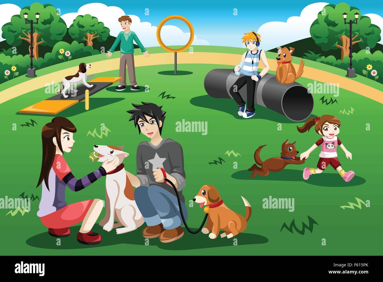 Eine Vektor-Illustration von Menschen, die Spaß in einem Hundepark Stock Vektor