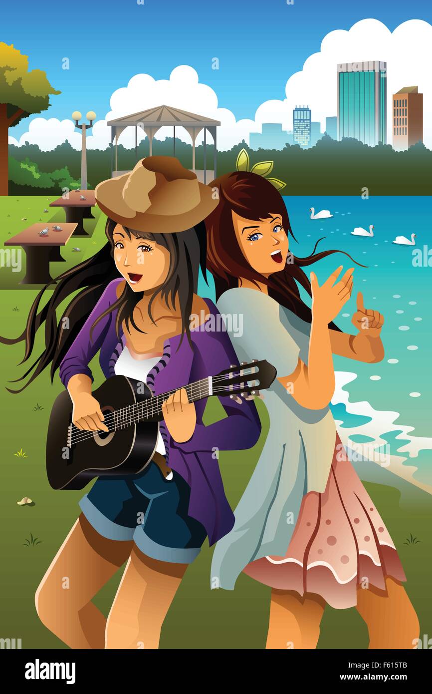 Eine Vektor-Illustration von Mädchen im Teenageralter singt und spielt Gitarre zusammen in einem park Stock Vektor