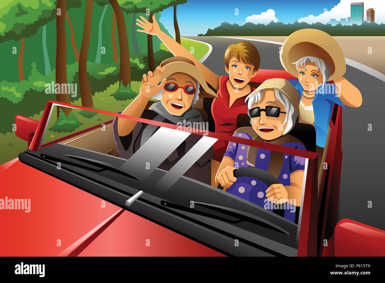 Eine Vektor-Illustration glücklich stilvolle älterer Frauen Reiten ein Auto auf einem Roadtrip Stock Vektor