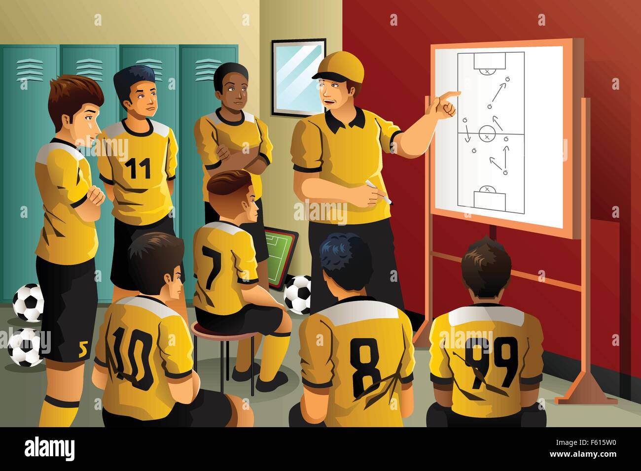 Eine Vektor-Illustration von Fußballspielern in Umkleidekabine Trainer reden anhören Stock Vektor