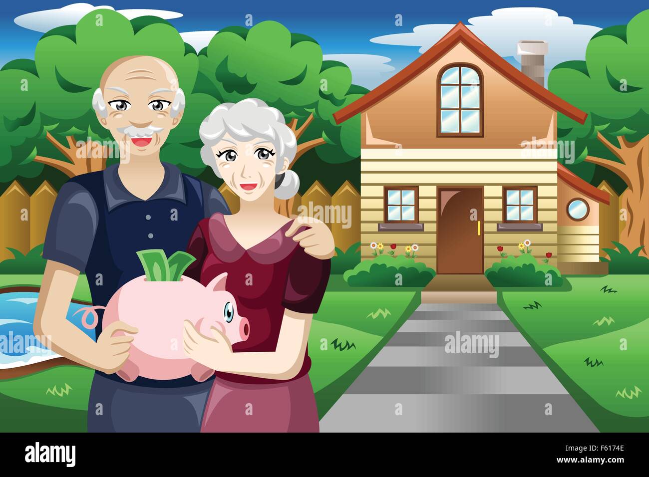 Eine Vektor-Illustration der Rentner hält ein Sparschwein ihrer Ersparnisse Stock Vektor