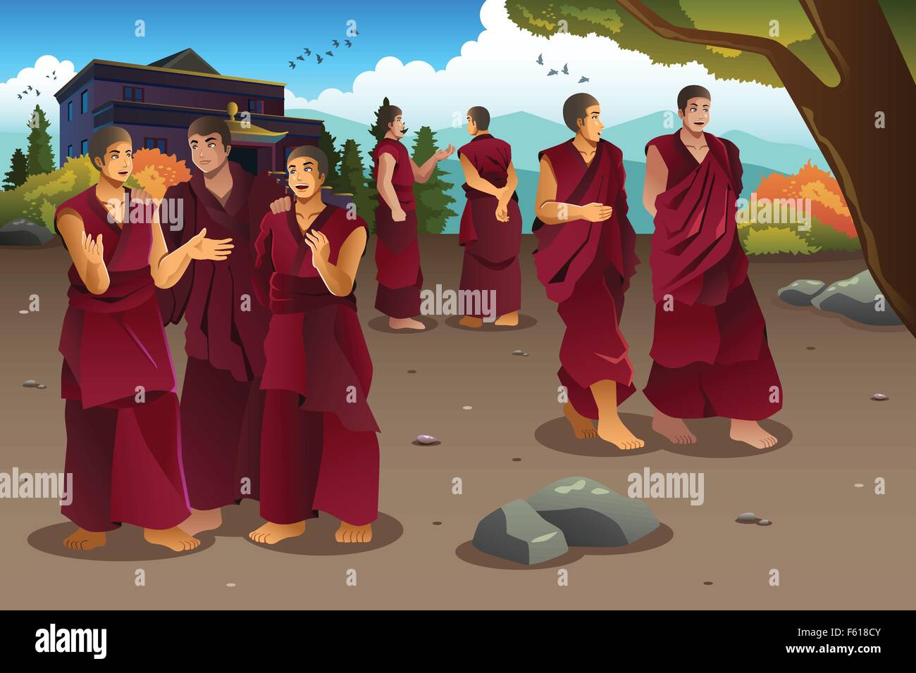 Eine Vektor-Illustration von buddhistischen Mönchen in Tibet Tempel Stock Vektor