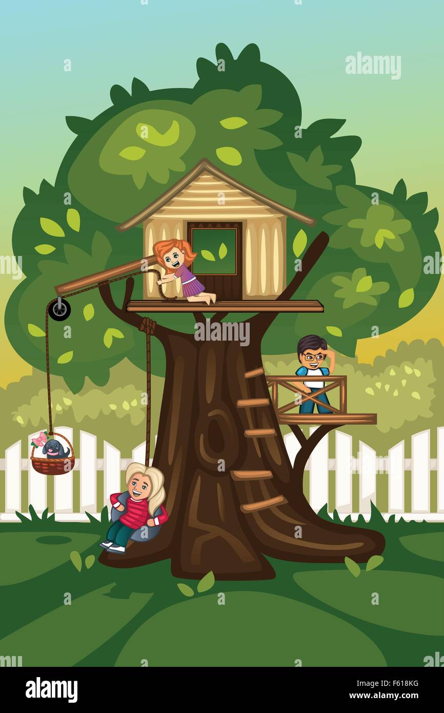 Eine Vektor-Illustration von Kindern spielen in einem Baumhaus Stock Vektor