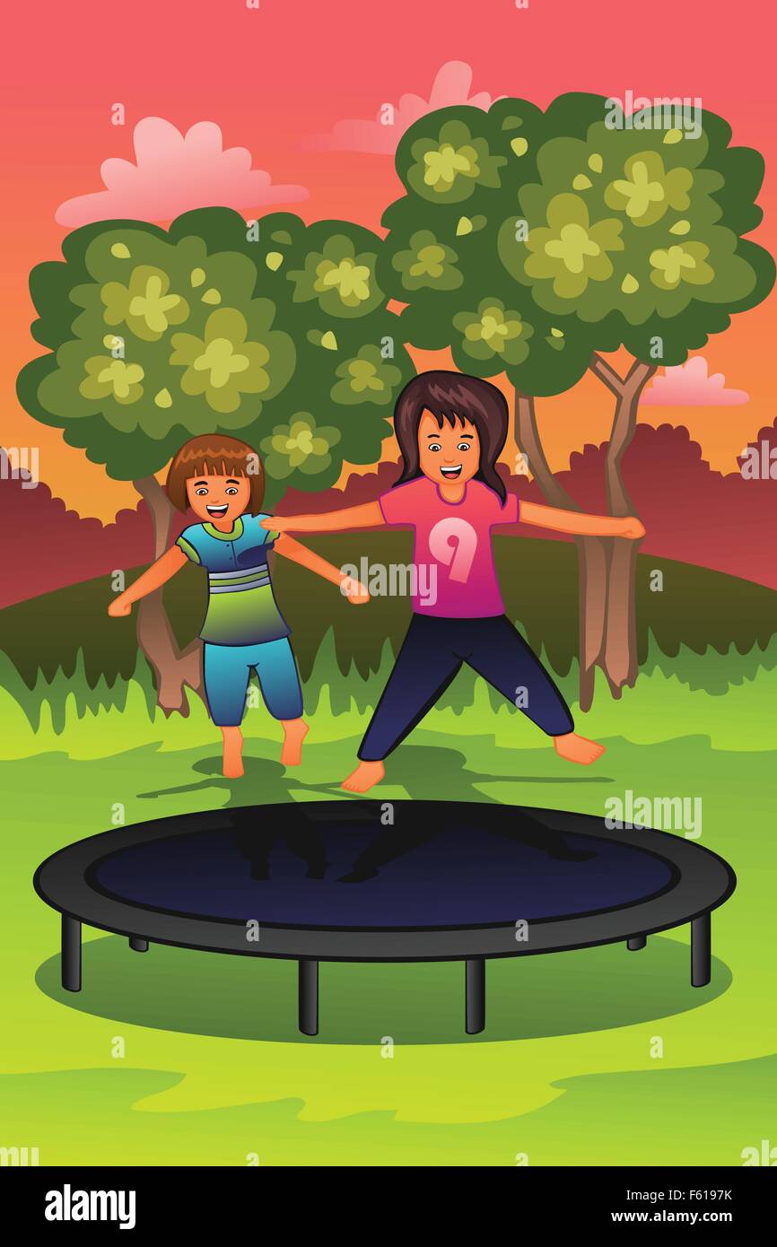 Eine Vektor-Illustration der glückliche Kinder spielen auf einem Trampolin Stock Vektor