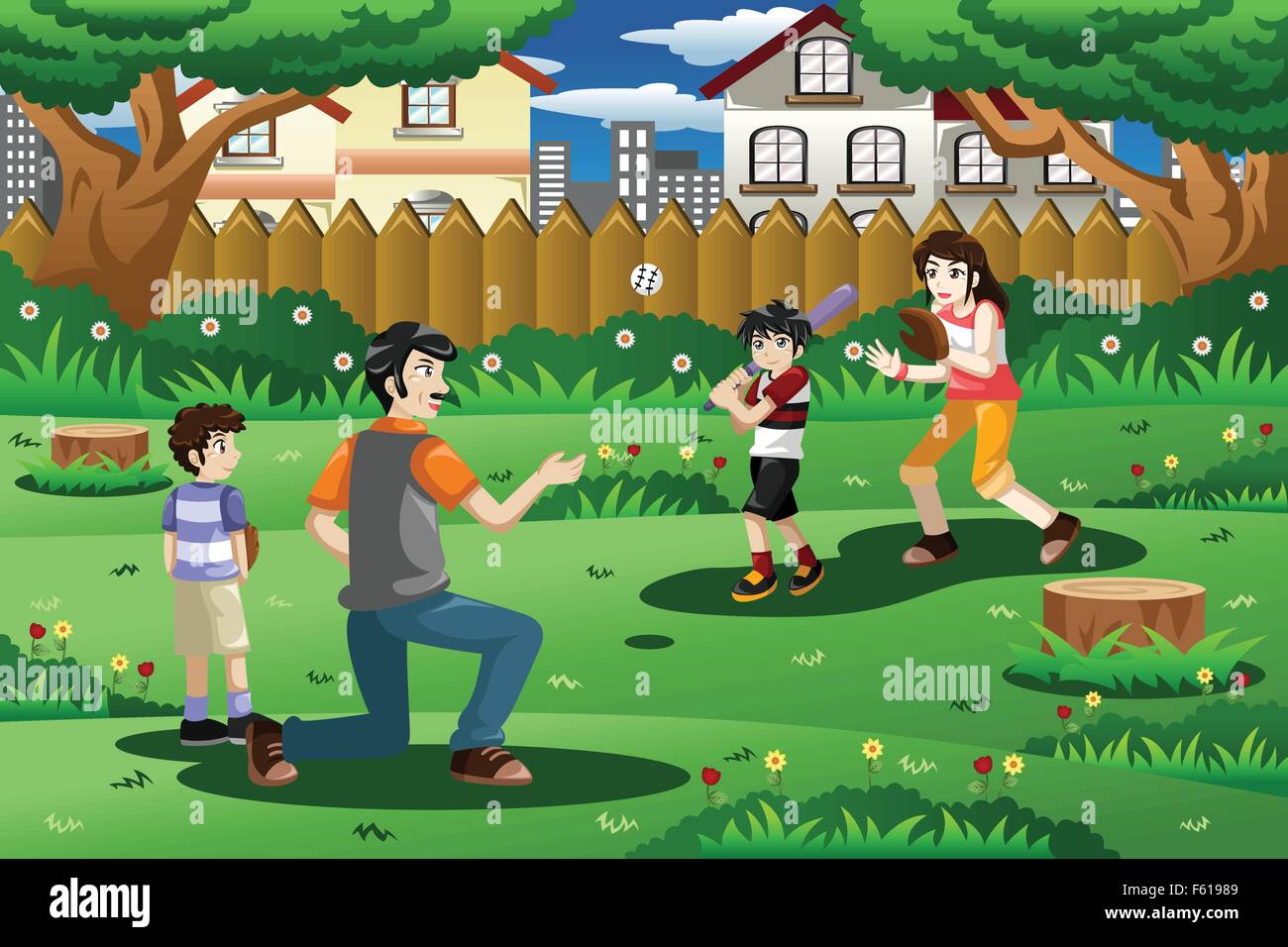 Eine Vektor-Illustration der glückliche Familie Baseball spielen im freien Stock Vektor