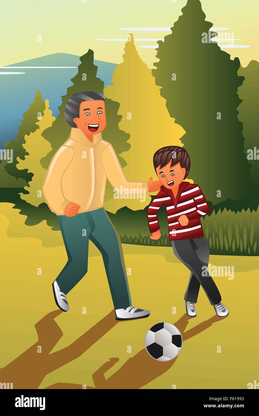Eine Vektor-Illustration der Vater mit seinem Sohn Fußball spielen Stock Vektor