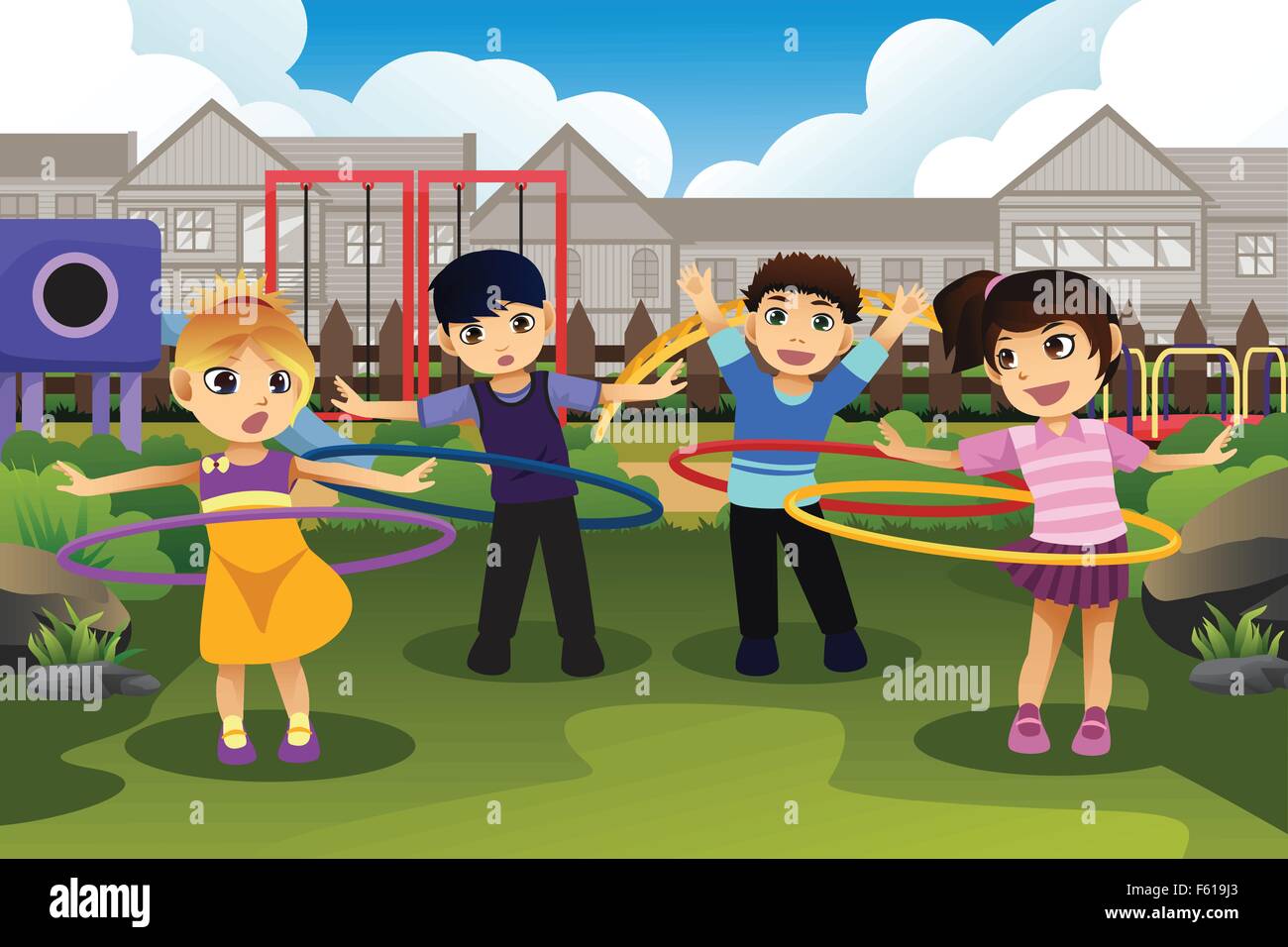 Eine Vektor-Illustration von glücklichen Kindern spielen Hula Hoop Reifen im park Stock Vektor
