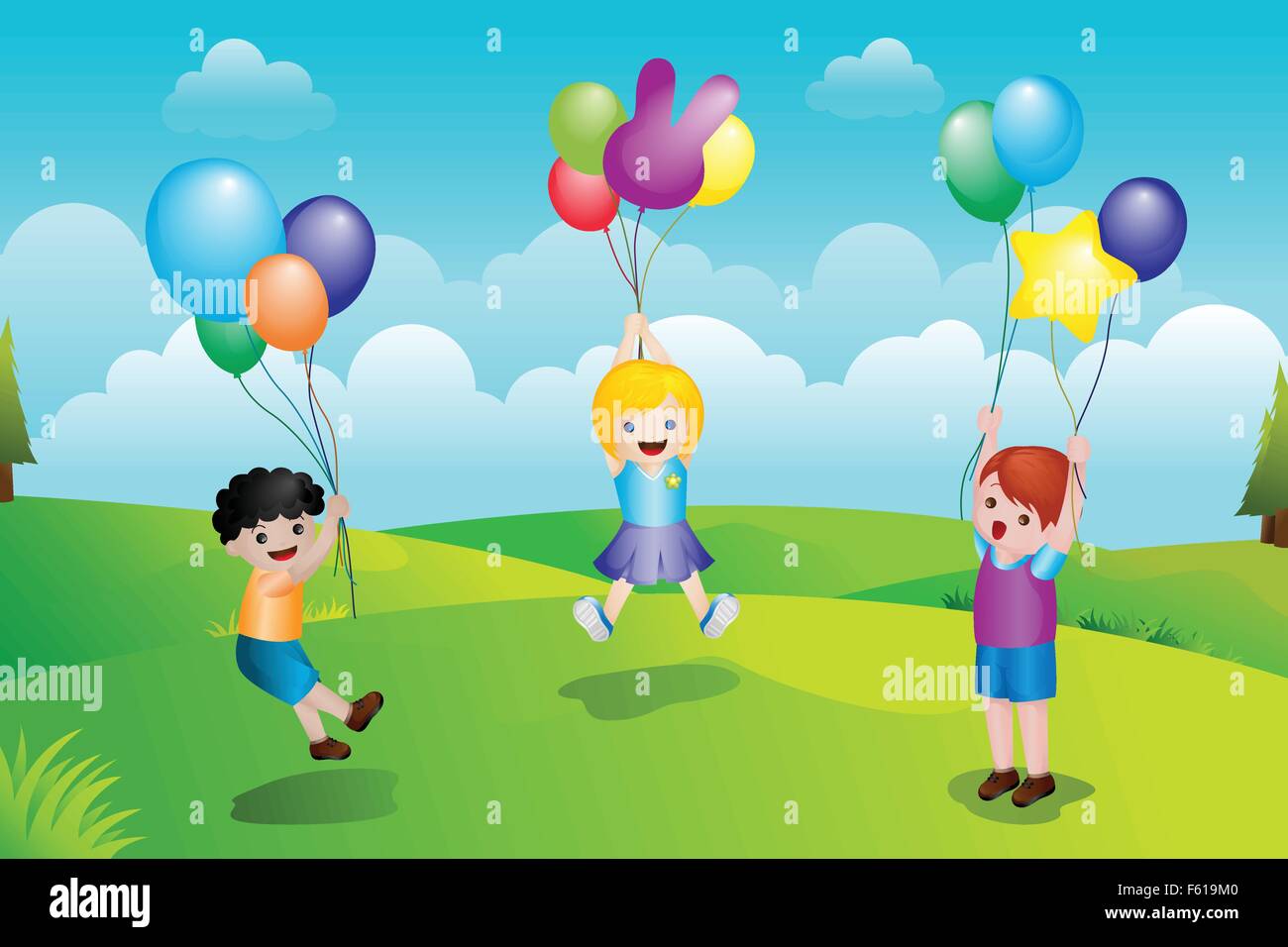 Eine Vektor-Illustration aus einer Gruppe von Kindern beim Spielen mit Luftballons in den park Stock Vektor