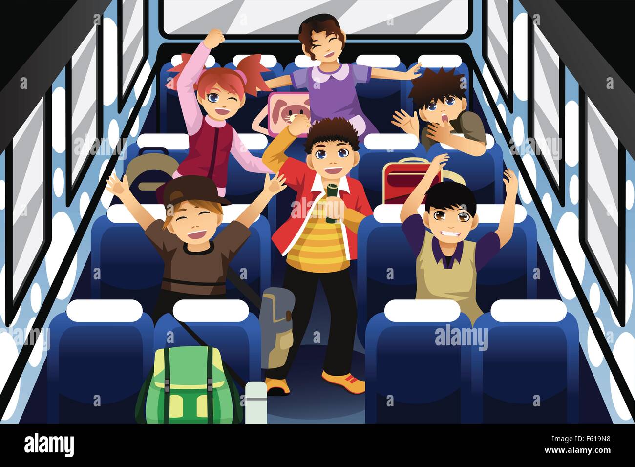 Eine Vektor-Illustration von Schulkindern singend und tanzend in den Schulbus Stock Vektor