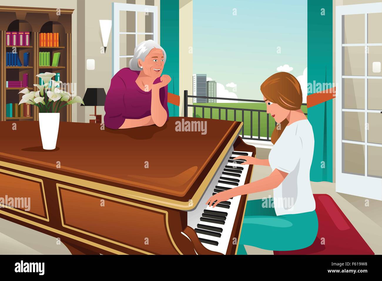 Eine Vektor-Illustration von Mutter Tochter Klavierspielen zusammen Stock Vektor