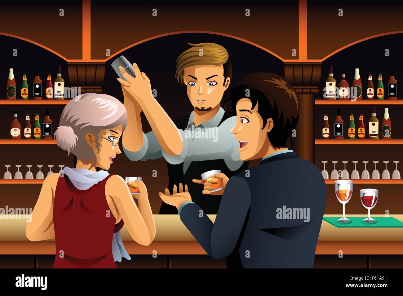 Eine Vektor-Illustration eines Paares in einer Bar mit Barkeeper Stock Vektor