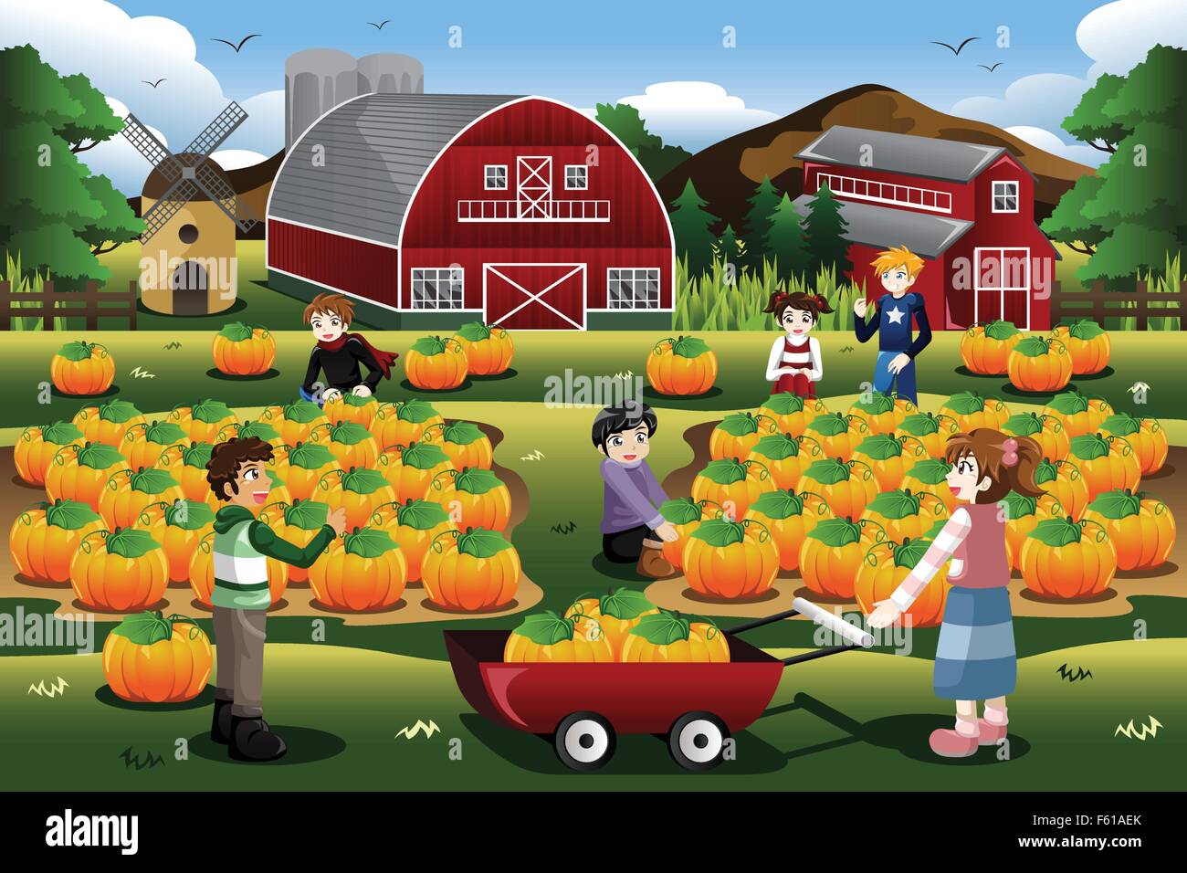 Eine Vektor-Illustration von Kindern unterwegs Kürbisfeld im Herbst oder im Herbst Saison Stock Vektor