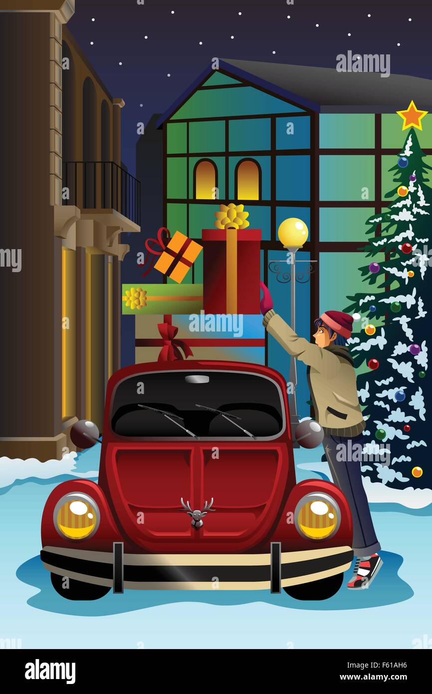 Eine Vektor-Illustration des Menschen fahren Autos mit viel Weihnachten präsentiert auf der Oberseite des Autos Stock Vektor