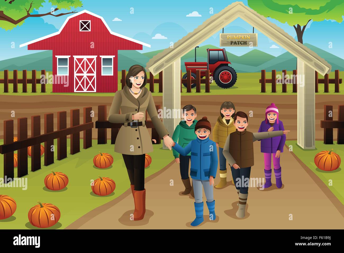 Eine Vektor-Illustration der Lehrer mit Schülern auf eine Kürbis-Patch-Reise im Herbst oder im Herbst Saison Stock Vektor
