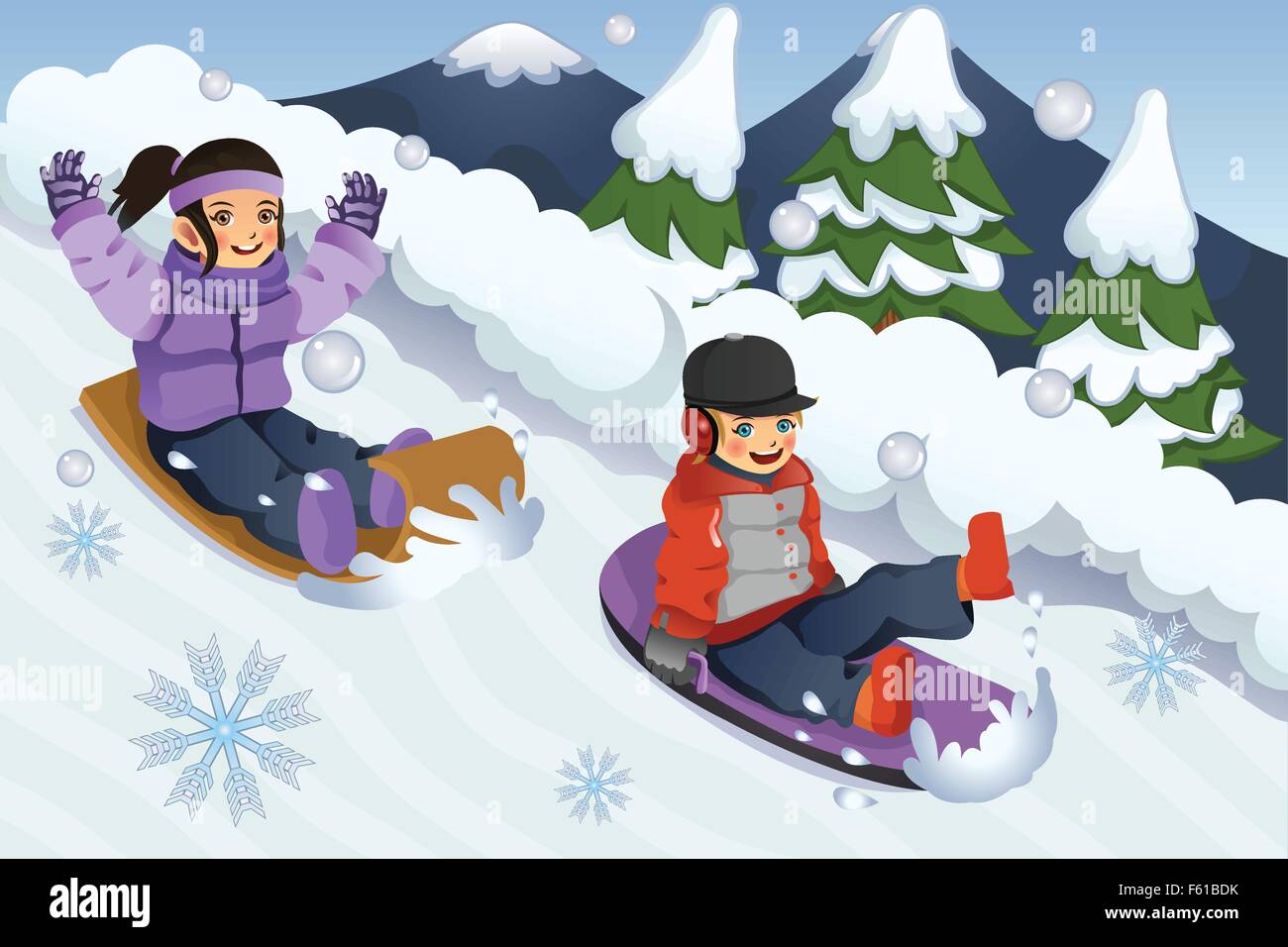 Eine Vektor-Illustration von Kindern Rodeln im Schnee spielen Stock Vektor