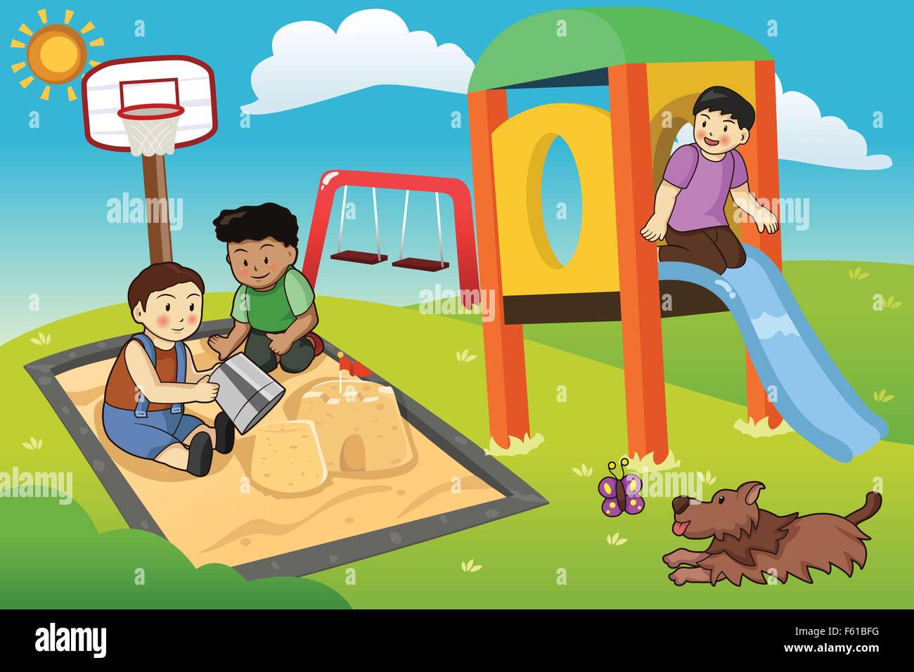 Eine Vektor-Illustration der glückliche Kinder auf dem Spielplatz Stock Vektor