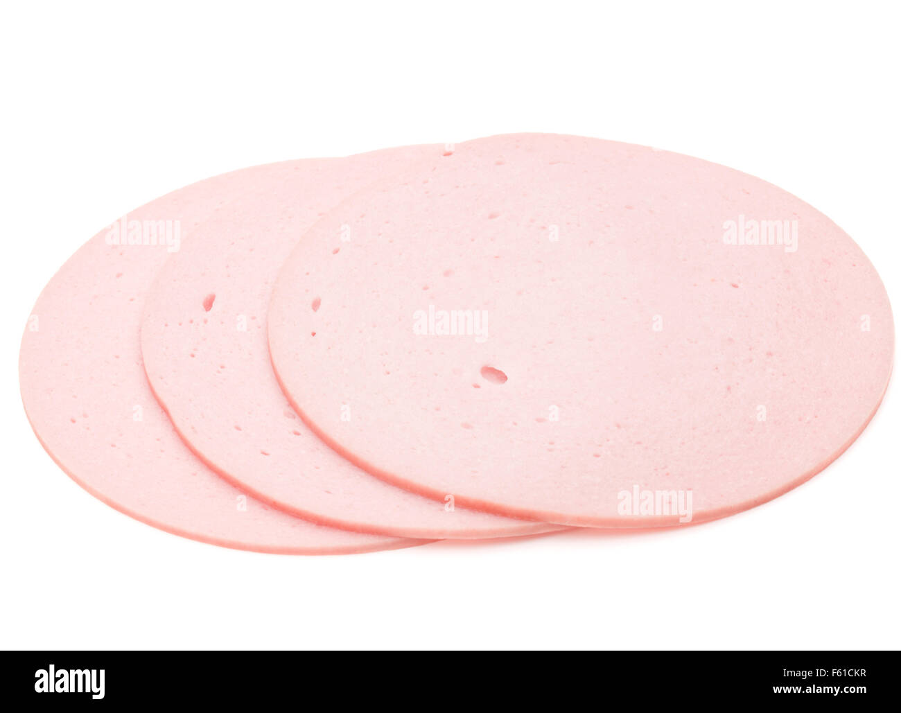 gekochte Wurst oder Bologna isolierte auf weißem Hintergrund Ausschnitt Scheiben Kochschinken Stockfoto