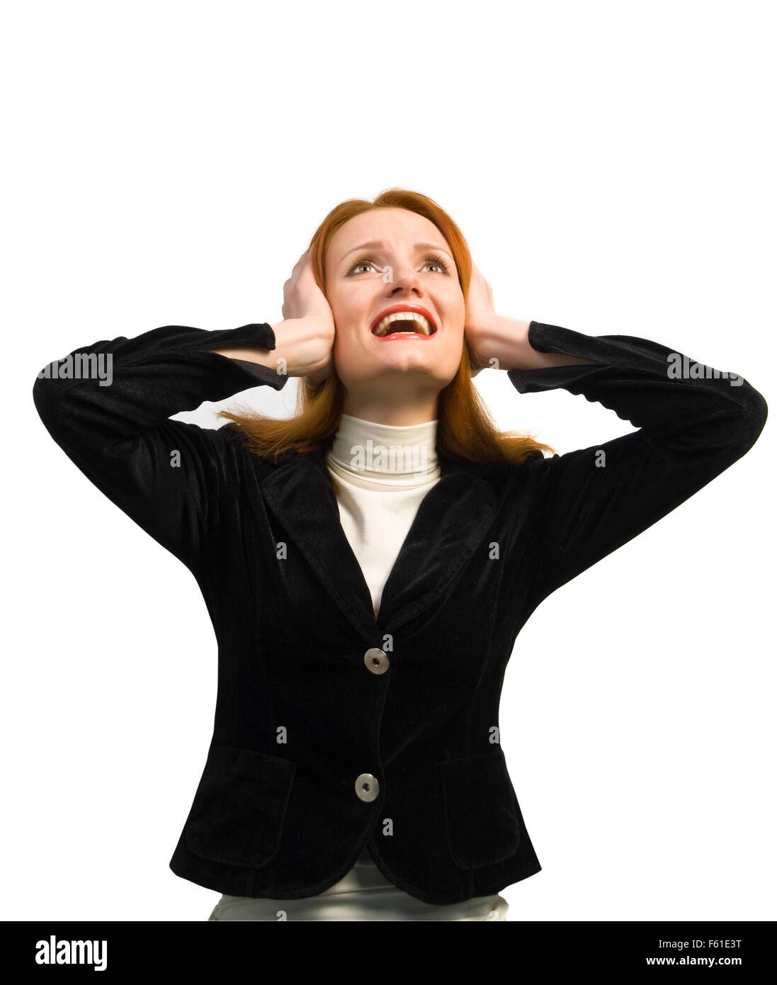 Schöne Geschäftsfrau schließen die Ohren mit Händen. Kein Ton. Isoliert auf weiss Stockfoto