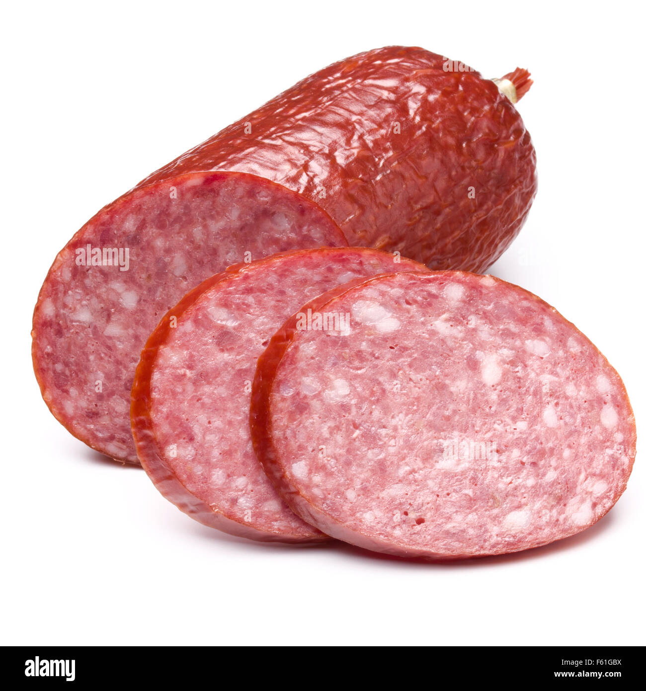 Geräucherte Wurst Salami isoliert auf weißem Hintergrund Ausschnitt