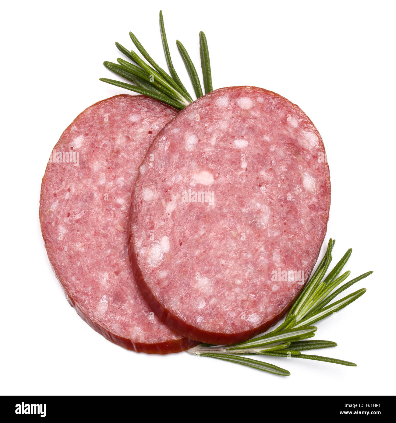 Geräucherte Wurst Salami Scheiben isoliert auf weißem Hintergrund ...