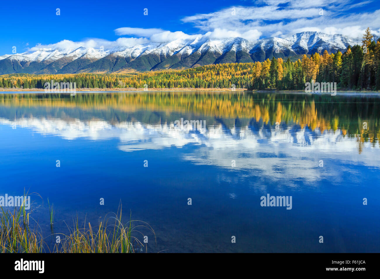 Herbst Farben und der Schwan-Bereich über Rainy Lake im oberen Clearwater Valley in der Nähe von Seeley Lake, montana Stockfoto