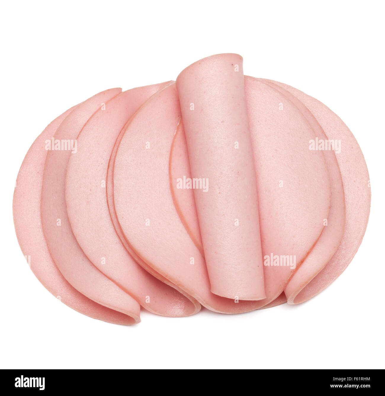 Kochschinken gekochte Wurst oder gerollte Bologna Scheiben isoliert auf weißem Hintergrund Ausschnitt Stockfoto
