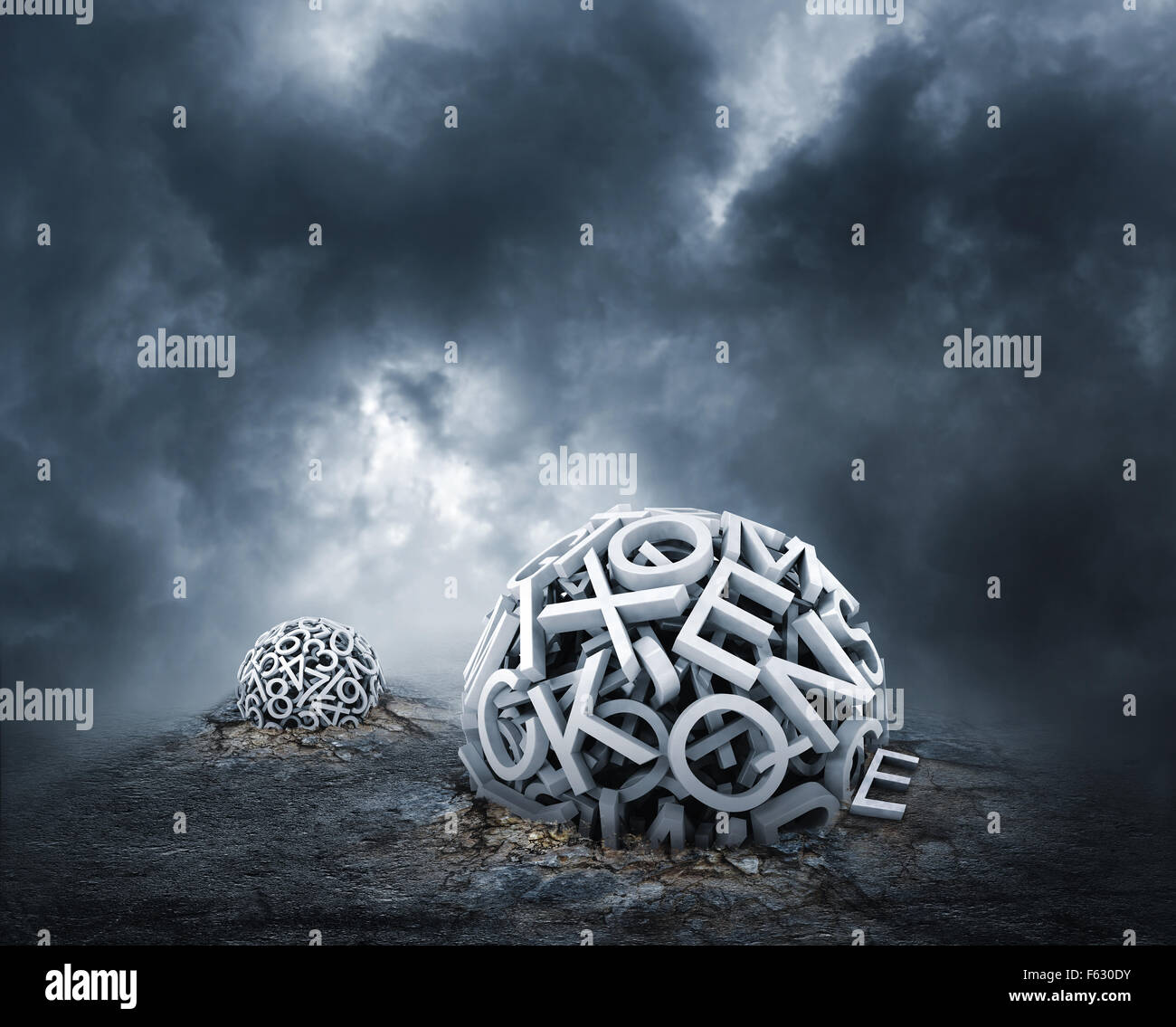 Zufällige Buchstaben bilden eine Kugel auf dem Boden bei bewölktem Wetter Stockfoto
