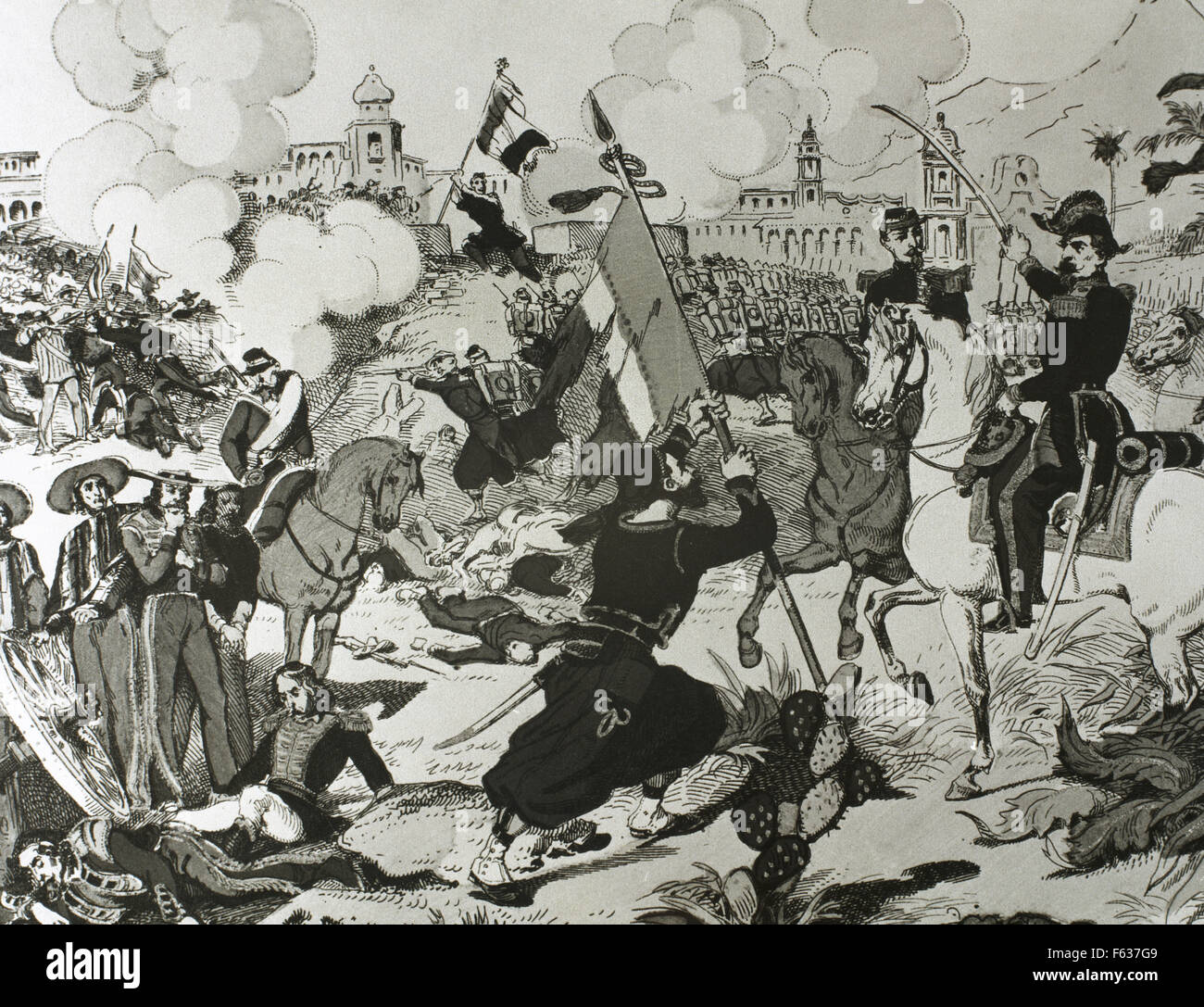 Mexiko. Belagerung von Puebla, 1863 zwischen den Kräften des Zweiten Kaiserreichs und Kräften des zweiten Bundes Republik von Mexiko. Gravur. Stockfoto