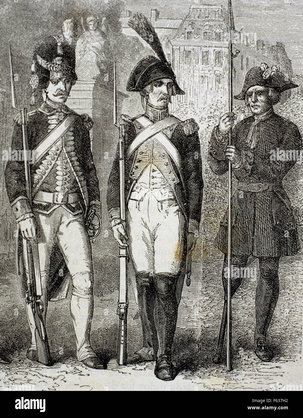 Frankreich. Wache der National Convention (Mitte), französischer Grenadier Guard (links) und verkrüppelt (rechts). Kupferstich, 19. Jahrhundert. Stockfoto