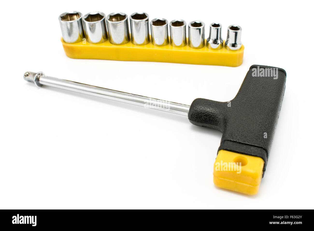 T-förmige Torx Schraubenschlüssel Schraubenzieher und Kit Bits isoliert auf weiss Stockfoto