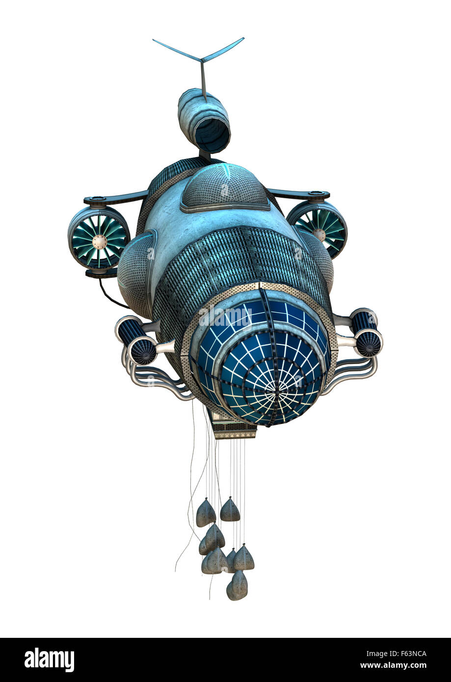 Digitale 3D Rendern eines Fantasy-Zeppelin-Raumschiffs isoliert auf weißem Hintergrund Stockfoto