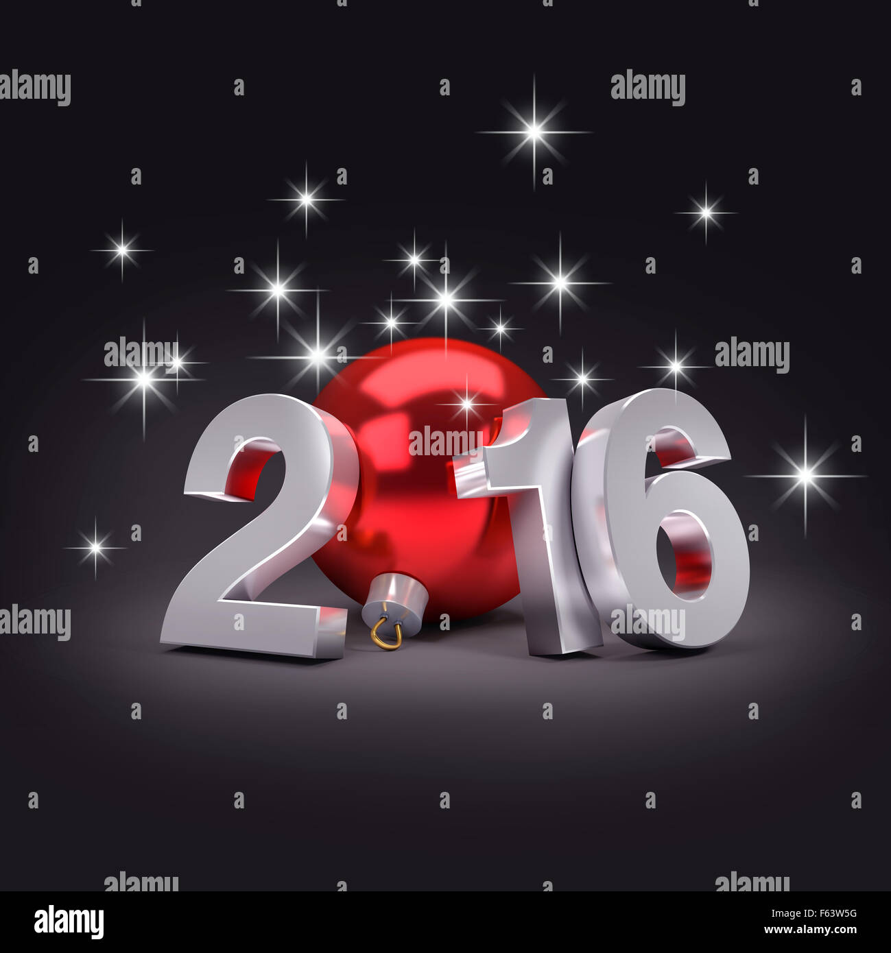 Neues Jahr 2016 3D-Konzept mit eine rote Weihnachtskugel und helle Sterne Stockfoto