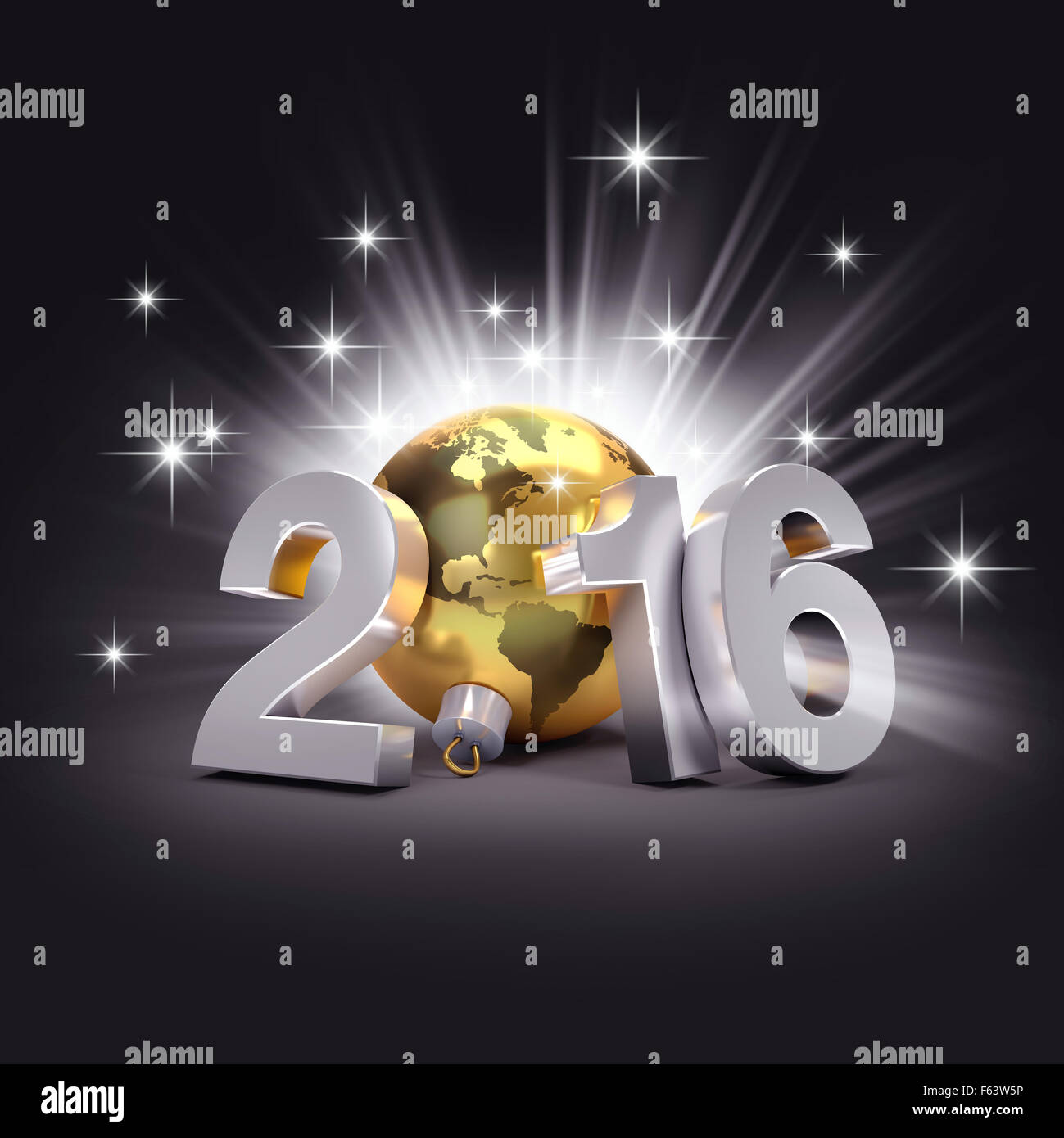 Neues Jahr 2016 3D-Konzept mit Planetenerde in eine goldene Weihnachtskugel Stockfoto